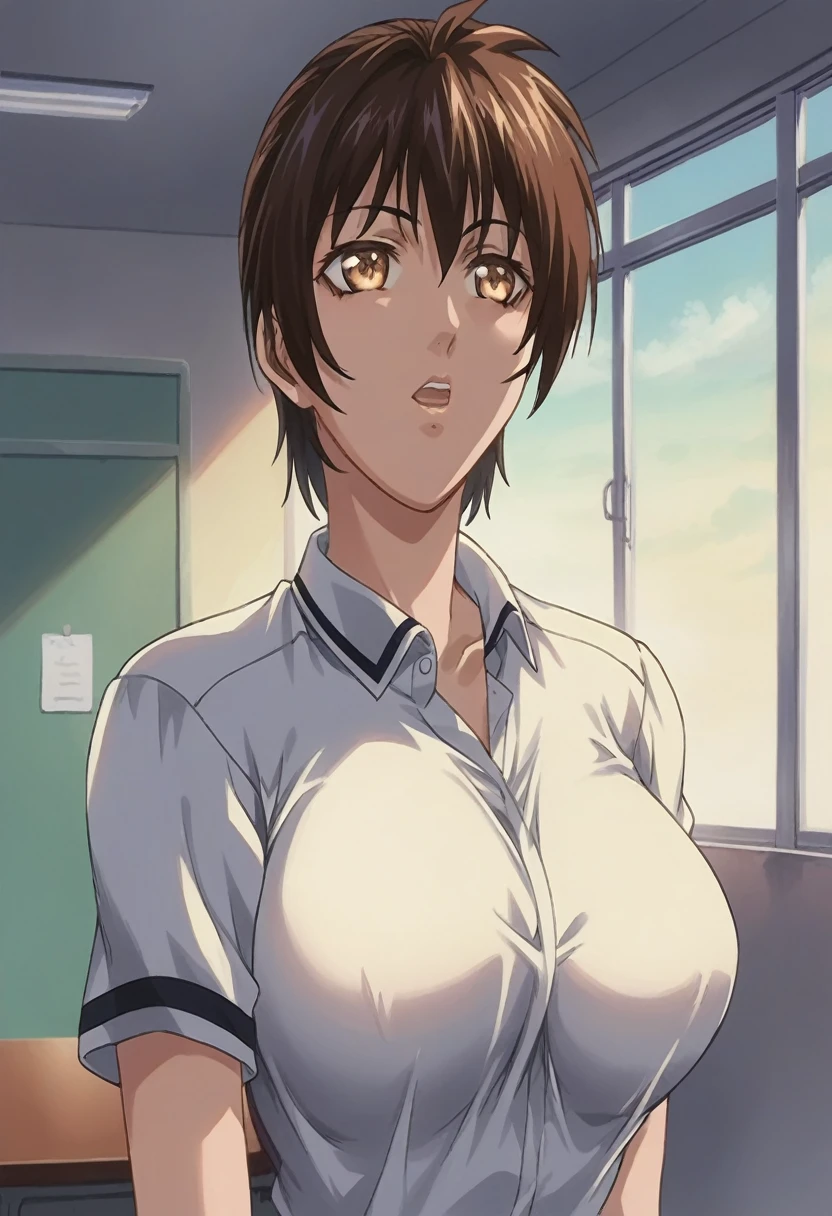 score_9, score_8_up, source_anime Bibl3, sports girl, tomboy, tanned skin, brown hair, short hair, huge breasts, wide hips, viewed from front, expressionless, empty eyes, open mouth, staring ahead, school gym uniform, shorts, athletic girl, full lips, vivid lips, detailed eyes, detailed face, pretty girl, principals office, morning