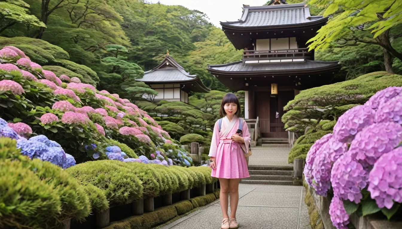 Girl Japanese Temple moss Pink and purple hydrangea