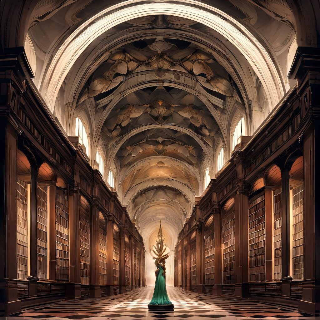 <lora:LibraryAI-000002:0.5> a queen in a golden dress in a baroque library with a painted roof