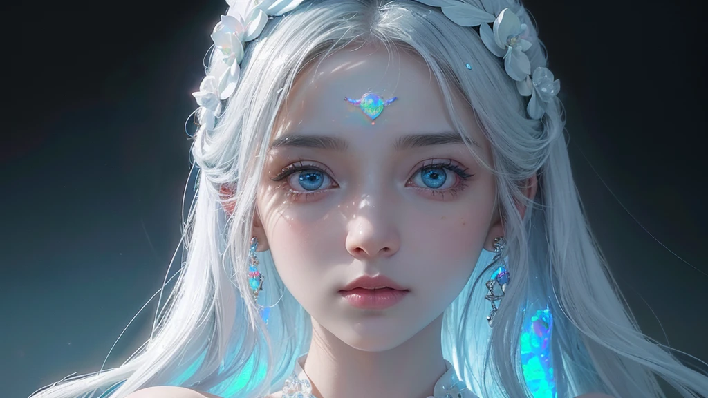 till chest look fantasy A girl and dynamic glow reflecting on face long hairs looking at back half turned completely white background (illusion) (bioluminescent transparent(((opal knight girl))) ((very long hair)), featuring a (((black silhouette))), intricate details and opal glowing outlines that give off a (((softly glowing opal blue))), evoking a sense of mystery and fantasy (((8k, Ultra high definition, Intricate details, hyper realistic))) photo realistic, ((white background))howcasing a ((face))) in adorned with intricate ()), with a (((sophisticatedly drawn face))) that reflects a (((detailed, advanced styling process))), reminiscent of Arantza Sestayo and Gustav Doré, against a (((complex, surreal backdrop))) that defies the ordinary, with (((unusual creatures and fantastical elements))) that push the boundaries of reality, all set against a (((highly detailed, 8K environment))), where every detail is hyper-cute and precise plain white background
