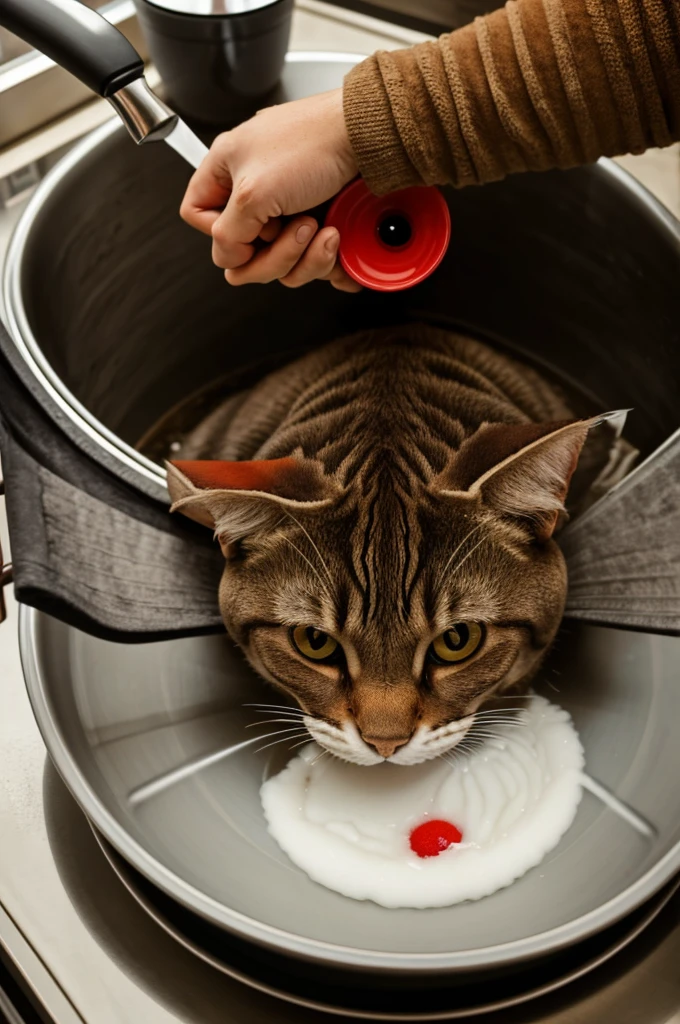 Hairy creature big red eyes washing dish at kitchen