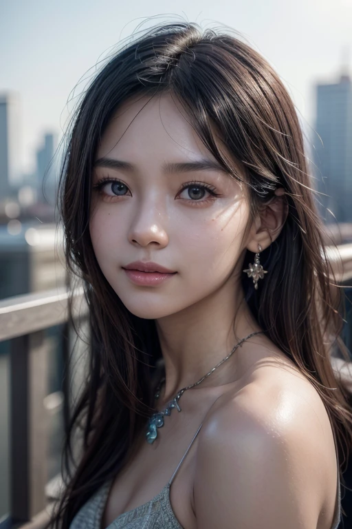 8K, Masterpiece artwork, RAW photograph, top-quality, photorrealistic, papel de parede CG Unity 8K altamente detalhado, Depth of field, cinematic light, Lens flare, ray tracing, (very beautiful face, beautiful lips, gorgeous eyes), exquisitely detailed face, (( very detailed skin)) A girl, in dark, deep-shadows, beautiful asian girl, Idol, (very lean and muscular body: 1,3), (( (gazing at viewer)), (great smile: 1,3), (urban landscape , nblurry background), (Poor lighting, rooftop, porch), pretty girl, aretes, bracelet, necklase, clear eyes, going, from front view