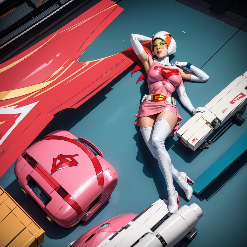 ANI_CLASSIC_jun_gatchaman_ownwaifu,1girl, 15 years old, good anatomy, masterpiece, best quality, realistic, hyperrealistic, 16k hdr, breasts, green eyes, lips, large breasts, lipstick, makeup, gloves, cape, helmet, belt, elbow gloves, white gloves, mask, ultra miniskirt, leotard, spacesuit, white tight overknee highheels boots, pink dress, superhero,bodysuit,(lying flat poses, view from above),pantyhose