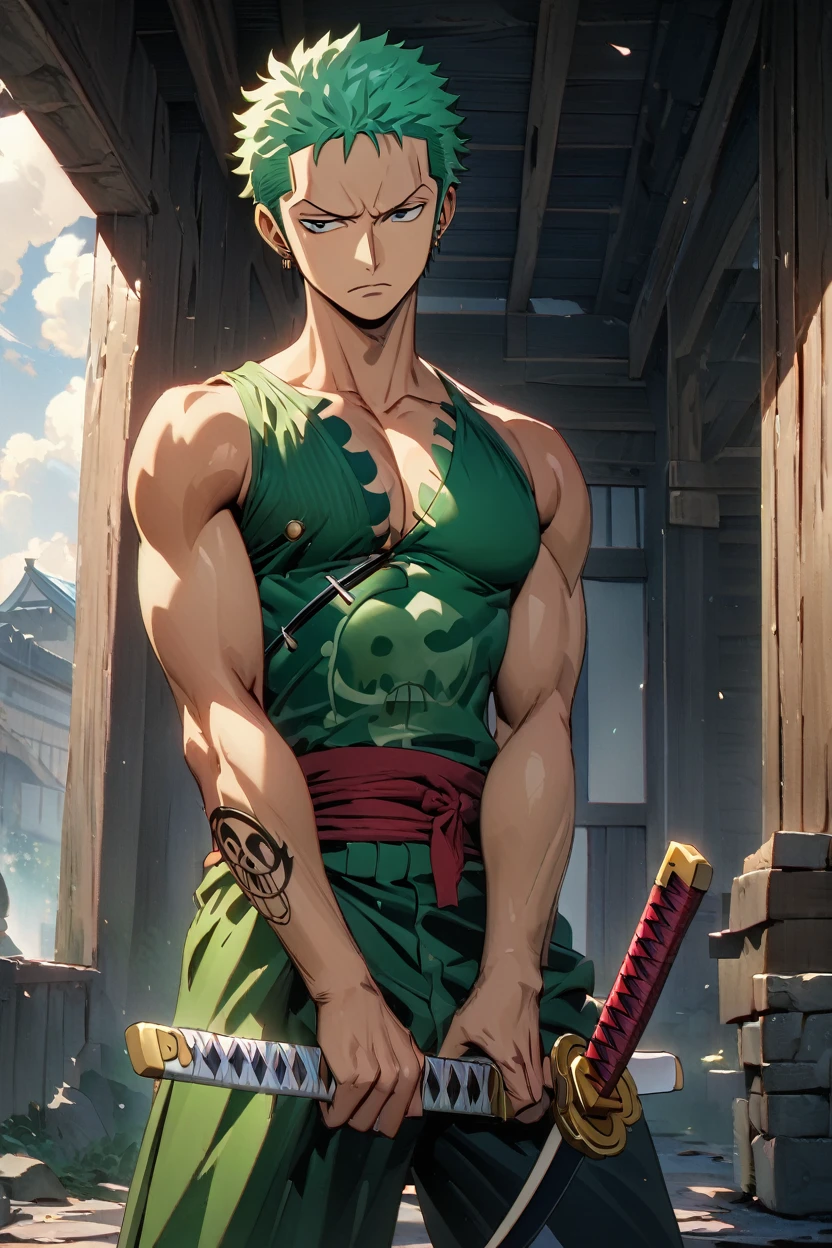 ((masterpiece,best quality)), one piece zoro, three sword man, 8k resolution, hdr