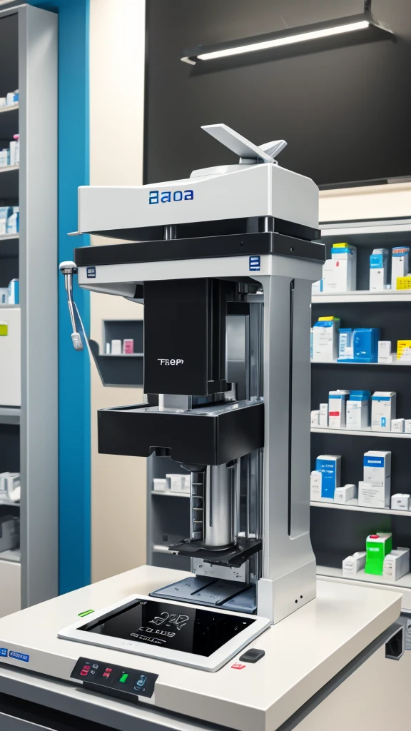 A tablet press machine in a pharmacy located in a laboratory.