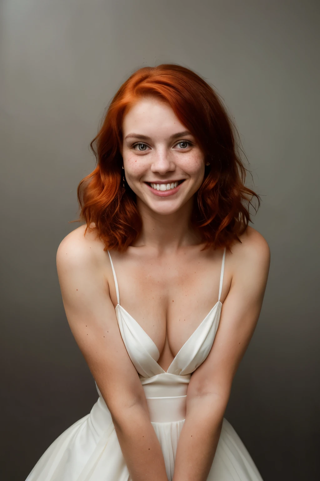 lovely, average looking woman, smiling, White teeth, gown, (looking at the camera:1.4), (highest quality), (Best Shadow), Intricate detailing, Inner, Red hair:1.3, dark studio, muted colors, freckles, upper body, Strapse, Socks, nsfw