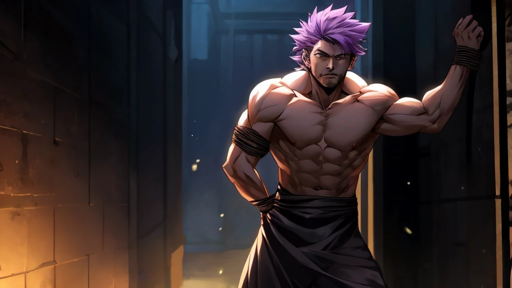 The werewolf with light purple hair is tied up with his upper body exposed,Standing,Panic,Exquisite,Athletic,Anthropomorphic,Human characteristics,High degree of animalization,Furry Station,Stand by the wall,Tied