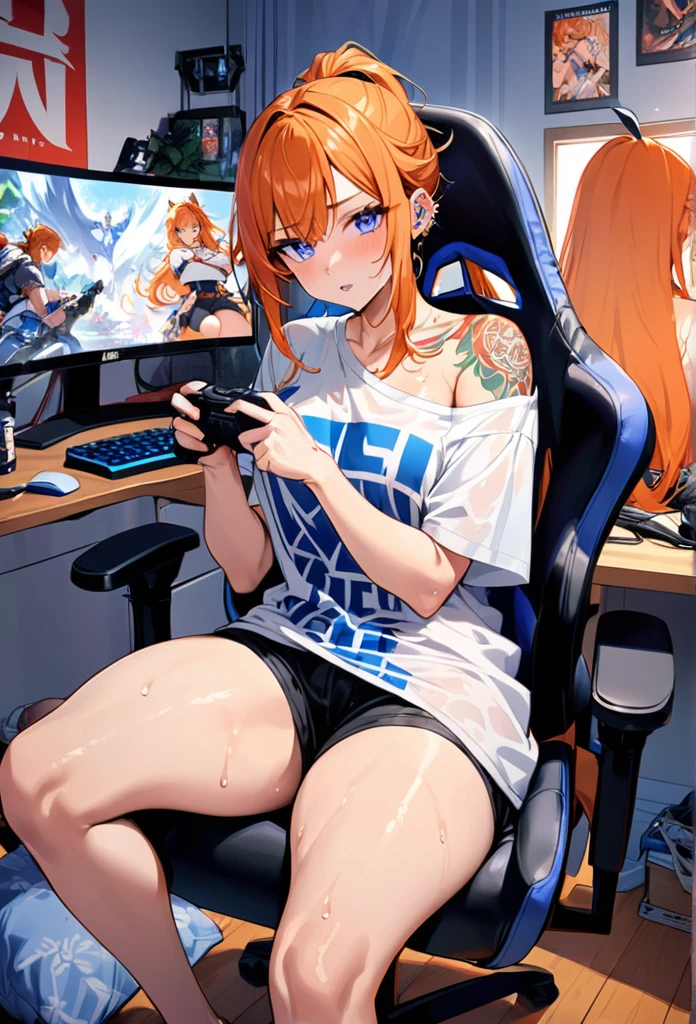 20 year old female, long orange hair, messy hair, ponytail, perfect eyes, perfect blue irises, perfect pupils, thick thighs, oversized shirt, black shorts, many ear piercings, sweaty, passionate, competitive, playing video game, otaku bedroom, sitting in gaming chair, not looking, highly detailed, best detail, best hands, right forearm tattoo, perfect tattoo, perfect hands, perfect fingers, perfect anatomy, front facing view