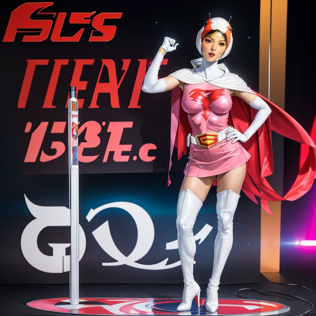 ANI_CLASSIC_jun_gatchaman_ownwaifu,1girl, 15 years old,good anatomy, masterpiece, best quality,realistic, hyperrealistic, 16k hdr,breasts,green eyes,lips,large breasts,lipstick,makeup,gloves,cape,helmet,belt,elbow gloves,white gloves,mask,ultra miniskirt,leotard,spacesuit,white tight overknee highheels boots,pink dress,superhero,bodysuit,cleavage,erected nipples,((stand poses,hands on hip)),cameltoe