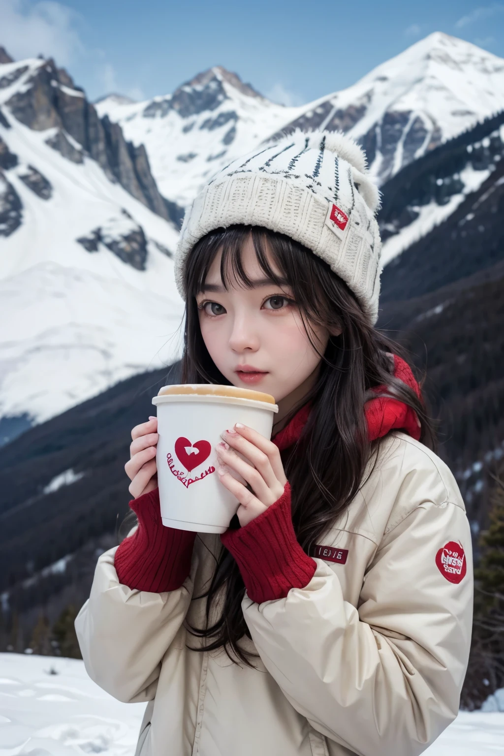 girl with dark hair and white skin, drinking a cup of coffee on top of a snowy mountain, the coffee is from the brand "three hearts", The brand logo is printed on the cup, three red hearts embroidered in yellow.