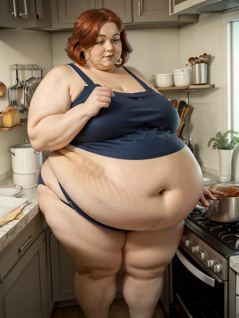 A muffin-baking photo of a middle-aged beautiful bottom heavy tradwife redhead ssbbw with pear-bodyhape, extreme wide hips, with short ginger hair soft fat belly, extremely wide fat obese hips, very very obese legs, thick fat wide legs and fat arms, huge wide butt, cute pretty face, small breasts, blue eyes, freckles, in a long cooking apron in a kitchen, makeing lot ot muffins