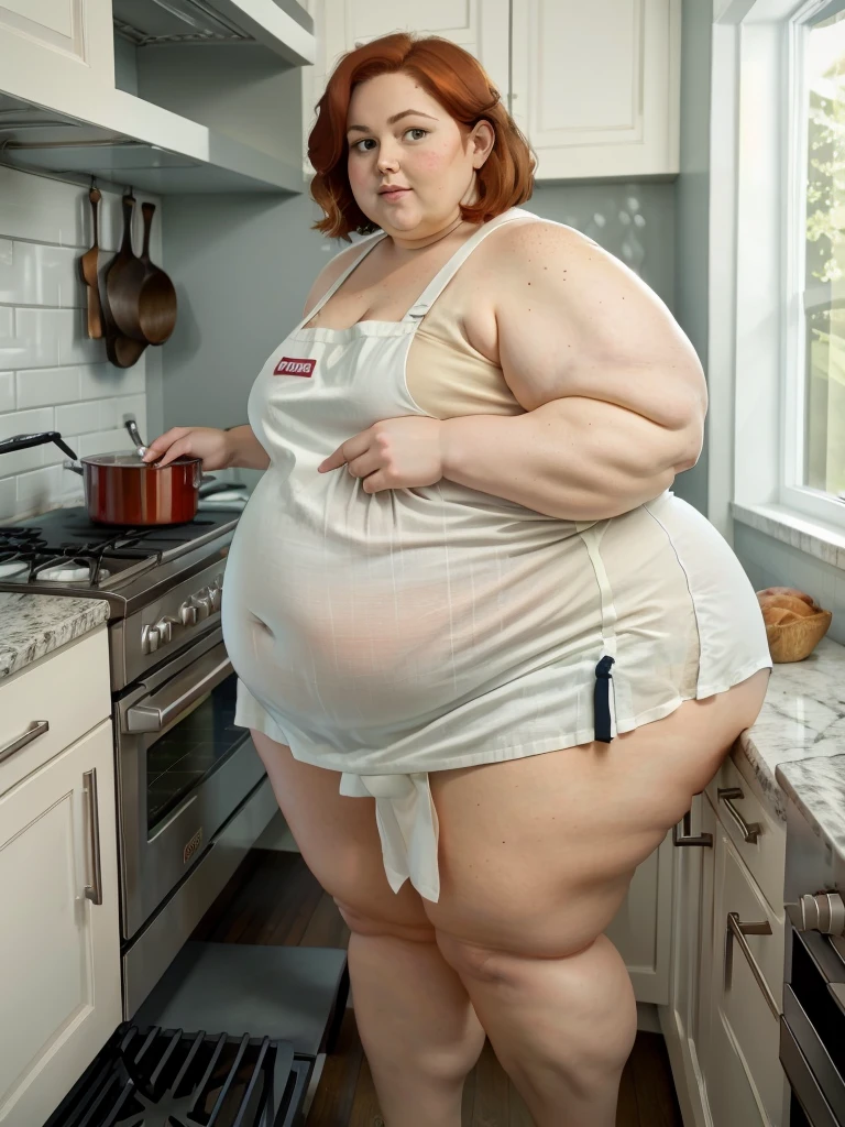 A muffin-baking photo of a middle-aged beautiful bottom heavy tradwife redhead ssbbw with pear-bodyhape, extreme wide hips, with short ginger hair soft fat belly, extremely wide fat obese hips, very very obese legs, thick fat wide legs and fat arms, huge wide butt, cute pretty face, small breasts, blue eyes, freckles, in a long cooking apron in a kitchen, makeing lot ot muffins