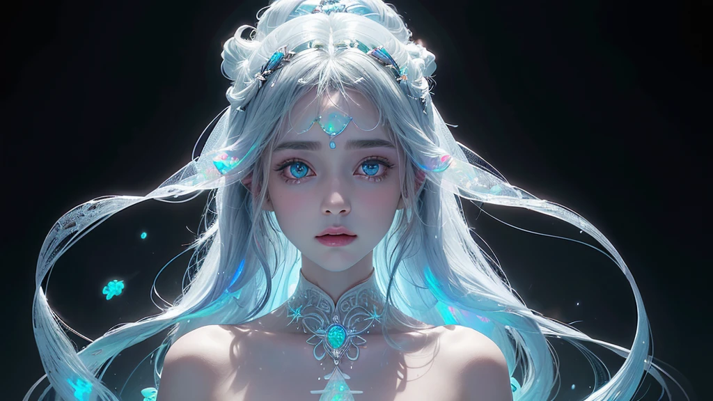 fantasy A girl and dynamic glow reflecting on face long hairs looking at back half turned completely white background (illusion) (bioluminescent transparent(((opal knight girl))) ((very long hair)), featuring a (((black silhouette))), intricate details and opal glowing outlines that give off a (((softly glowing opal blue))), evoking a sense of mystery and fantasy (((8k, Ultra high definition, Intricate details, hyper realistic))) photo realistic, ((white background))howcasing a ((face))) in adorned with intricate ()), with a (((sophisticatedly drawn face))) that reflects a (((detailed, advanced styling process))), reminiscent of Arantza Sestayo and Gustav Doré, against a (((complex, surreal backdrop))) that defies the ordinary, with (((unusual creatures and fantastical elements))) that push the boundaries of reality, all set against a (((highly detailed, 8K environment))), where every detail is hyper-cute and precise plain white background