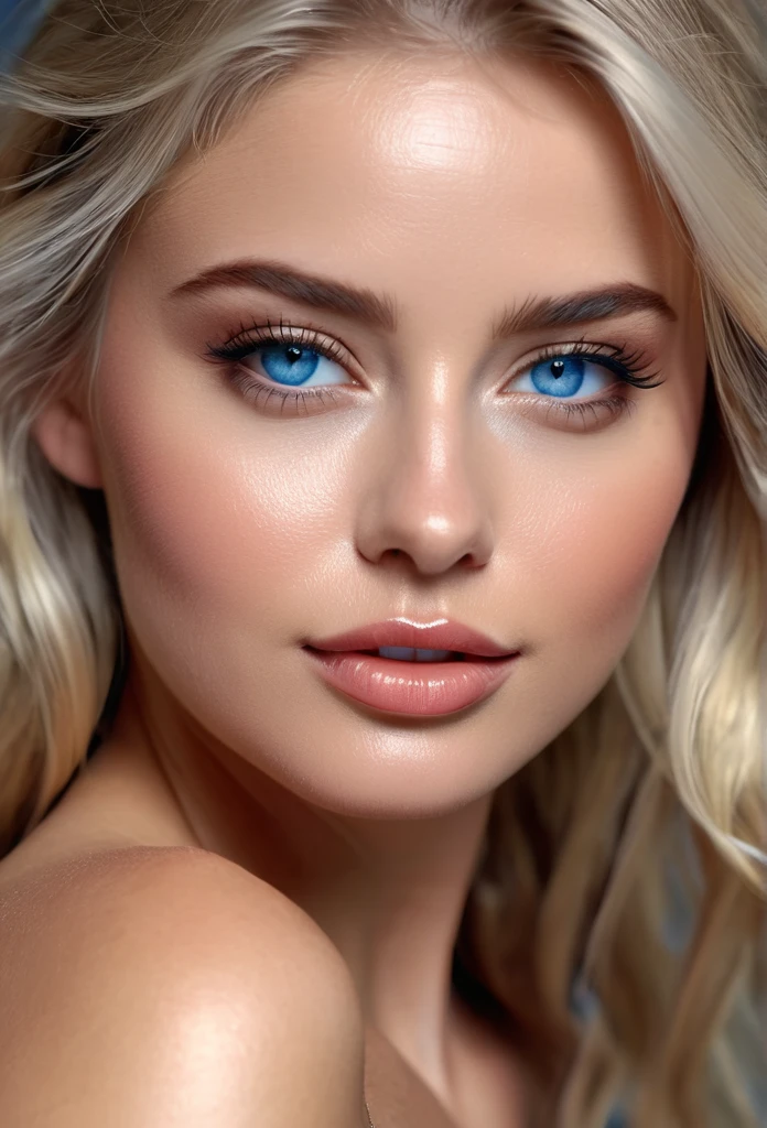 beautiful sensual woman face, (blonde hair:1.1), blue eyes, soft smooth skin, perfect makeup, glossy lips, shy smile, fine details, realistic lighting, 4k resolution, portrait mode, extremely detailed, extremely intricate,, (masterpiece, high quality, best quality:1.3), extremely detailed, extremely intricate, photorealistic,