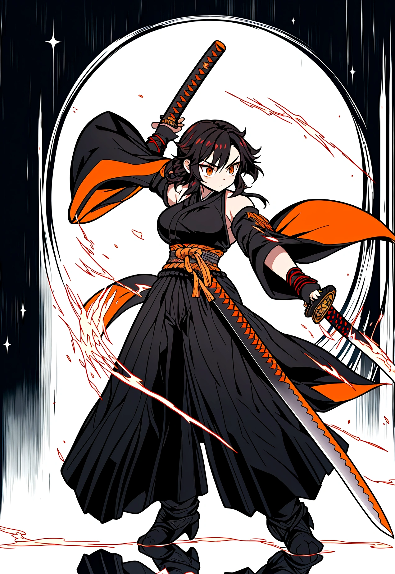 A warrior woman inspired by "Demon Slayer" wears a stylish and powerful Hashira uniform. She wears a black top that reveals her toned stomach, paired with fitted black pants. Black kimono has tips adorned with a gradient of flames, from yellow to orange. She has medium black hair, loose and curled, emoldurando seu rosto. His dark brown eyes exude determination and wisdom.. She holds a katana tightly, and around you, there is an aura of dancing flames, reflecting its intense presence. The scenery is dramatic, with a full moon in the sky. shoulders showing, tight-fitting glove up to the forearm
