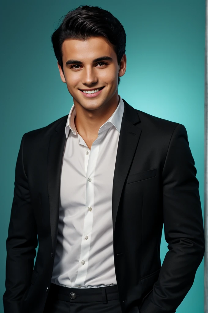 A young man with dark hair and a confident smile. He is dressed in a black blazer over a white shirt. The man is positioned against aqua colour backdrop with a subtle red lighting on the left side. and he posing for Linkedin profile