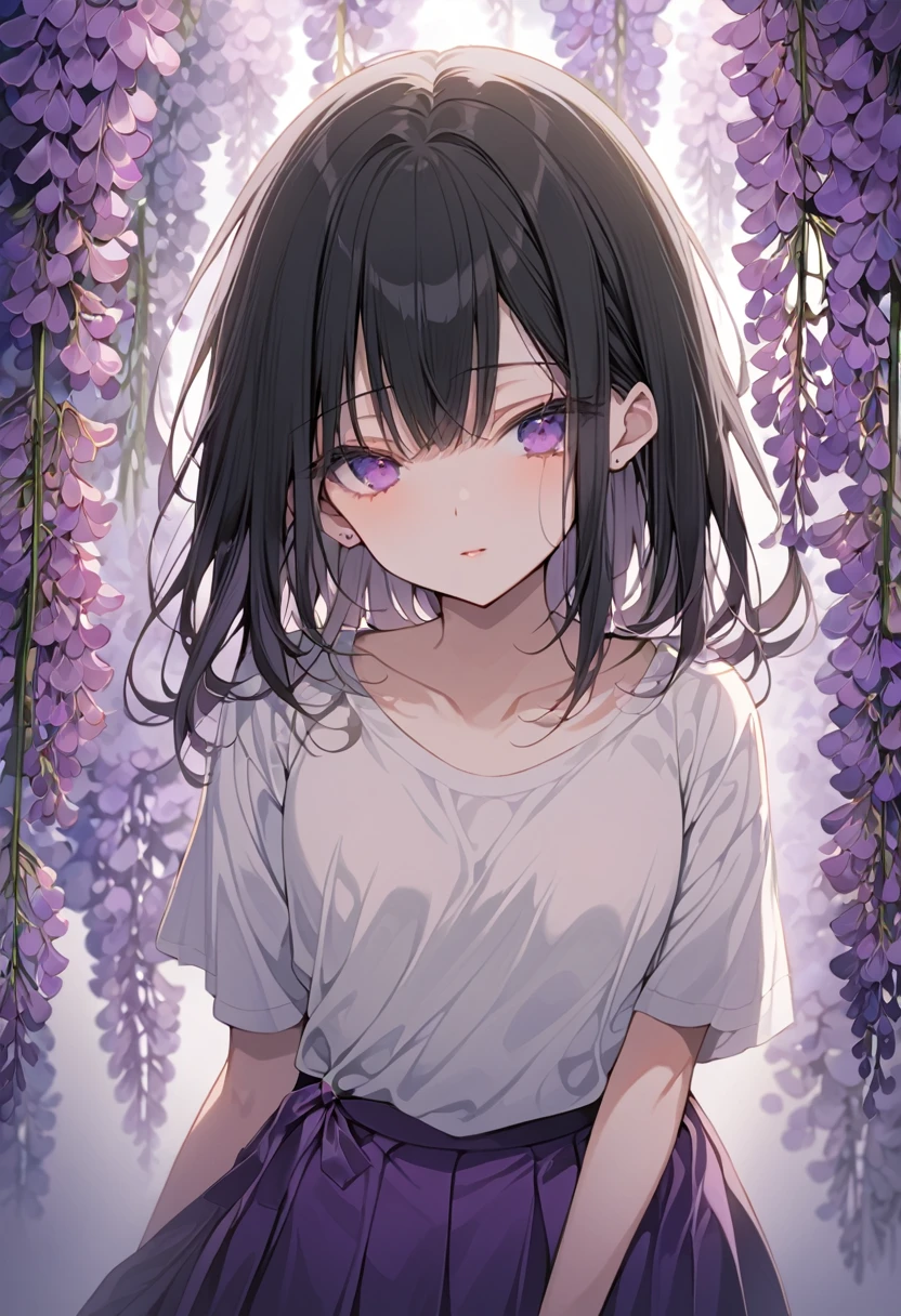 One girl, masterpiece, best quality, fair skin, beautiful girl, purple extensions, black hair, shirt, purple skirt, night, wisteria flowers only, anime, less exposure