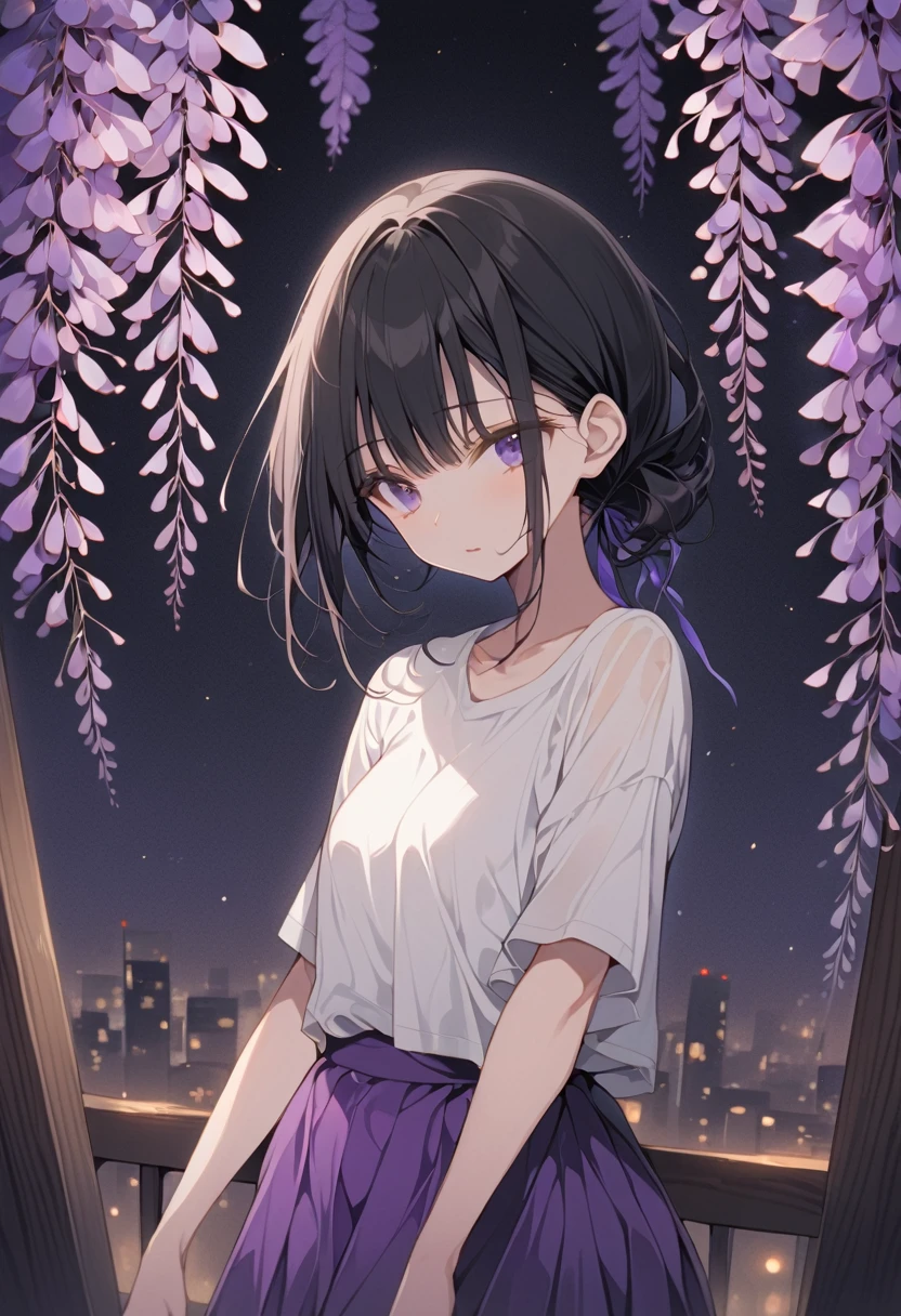 One girl, masterpiece, best quality, fair skin, beautiful girl, purple extensions, black hair, shirt, purple skirt, night, wisteria flowers only, anime, less exposure