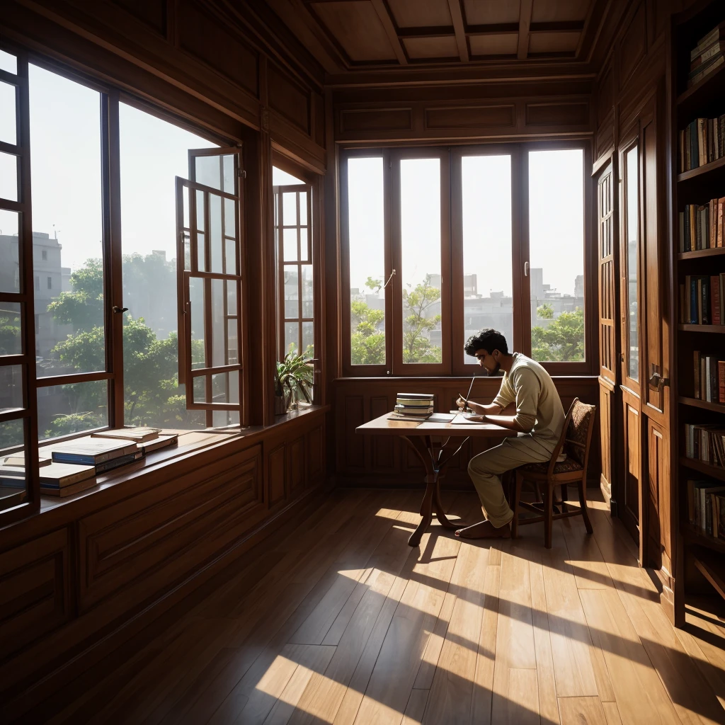 Writer,Young indian men, perfect face, writing,indoor,vast room,wall shelf, books, glass window, table, laptop.