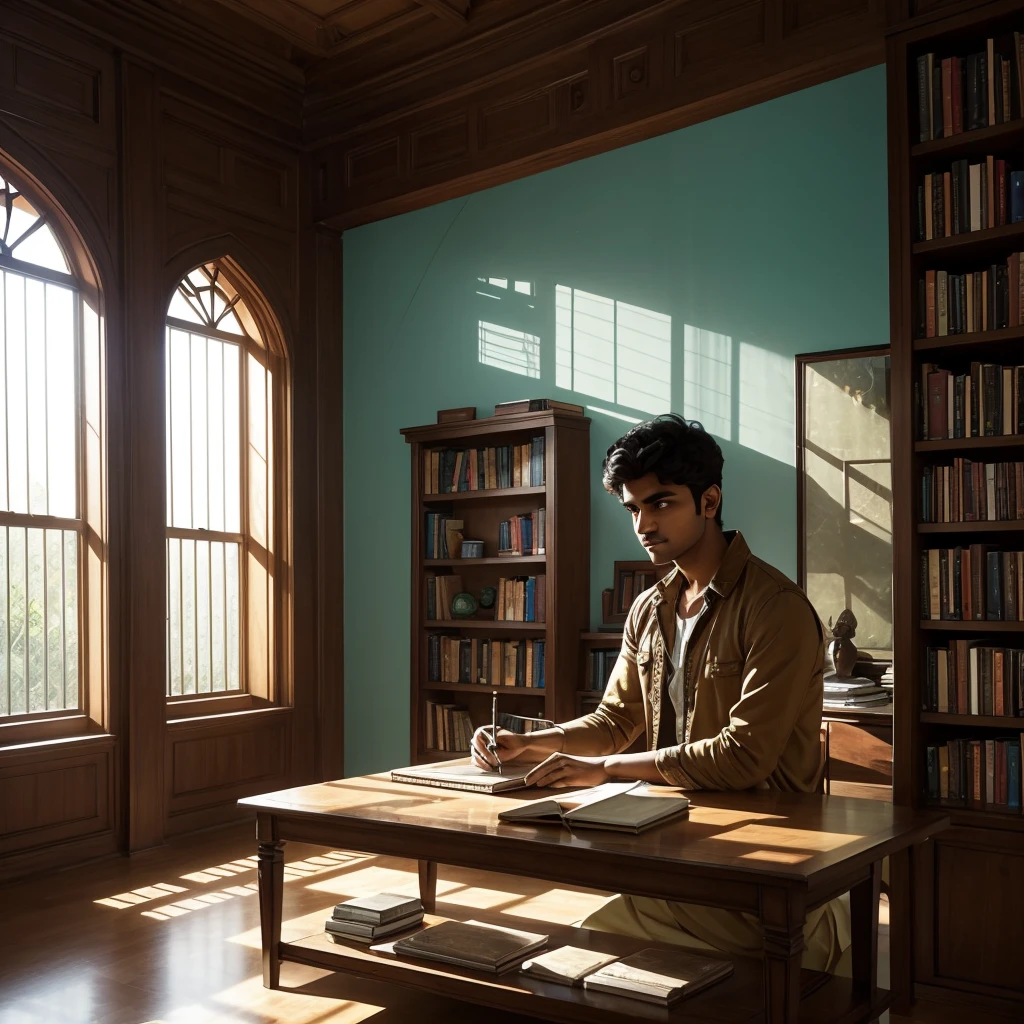 Writer,Young indian men, perfect face, writing,indoor,vast room,wall shelf, books, glass window, table, laptop.