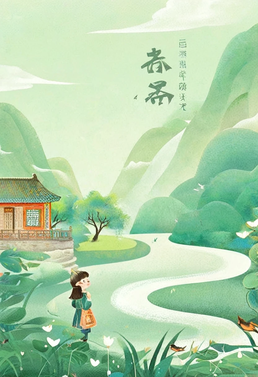 Digital Illustration Art (一个用房子装饰的小女孩头的滑稽illustration,Gift Box，Ribbon， Trees, root, swallow, ETC.), Hair is made of houses, Trees, root, swallow, ETC., and a background of green Trees and hills, Surrounded on both sides, Evoke the charm of charming rural scenery. The background blends in with the  girl&#39;s hair,
White background, The Whimper of Chinese Calligraphy, Vivid Ferdinand Dupuy Goktor Nizovtsev, retro tone, 闪闪Luminescence的, Luminescence, reflective, Best Numbers, 8K, HD, high resolution. Double contact, illustration, beautiful digital illustration,