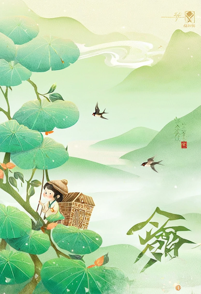 Digital Illustration Art (一个用房子装饰的小女孩头的滑稽illustration,Gift Box，Ribbon， Trees, root, swallow, ETC.), Hair is made of houses, Trees, root, swallow, ETC., and a background of green Trees and hills, Surrounded on both sides, Evoke the charm of charming rural scenery. The background blends in with the  girl&#39;s hair,
White background, The Whimper of Chinese Calligraphy, Vivid Ferdinand Dupuy Goktor Nizovtsev, retro tone, 闪闪Luminescence的, Luminescence, reflective, Best Numbers, 8K, HD, high resolution. Double contact, illustration, beautiful digital illustration,