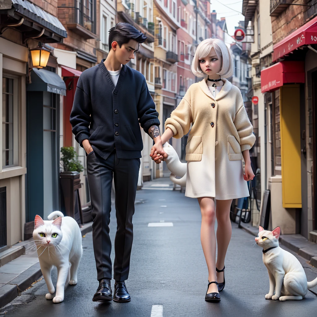 a yellow cat and a white cat, holding hands in the street, and a muscular black cat (tattooed) passes in the opposite direction, the white cat looks with a passionate look at the tattooed black cat and the yellow cat with a disappointed face, the black cat passing by the couple and the white cat turning her head to look at the black cat