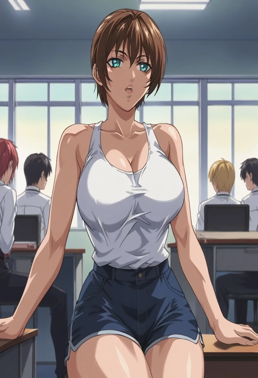 score_9, score_8_up, source_anime Bibl3, sports girl, tomboy, tanned skin, brown hair, short hair, huge breasts, wide hips, viewed from front, expressionless, empty eyes, relaxed expression, hypnotized, open mouth, staring ahead, , shorts, athletic girl, full lips, vivid lips, detailed eyes, detailed face, pretty girl, principals office, morning