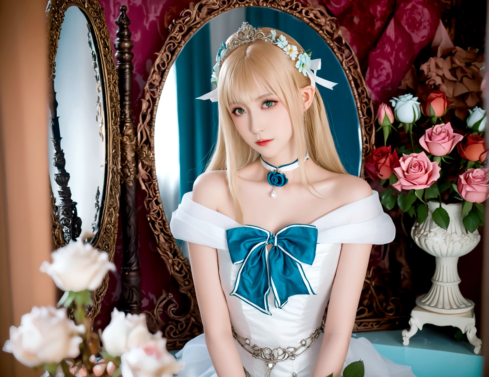 1girl, solo, looking at viewer, blonde hair, dress, ribbon, green eyes, hair ribbon, flower, choker, white dress, rose, tiara, mirror, realistic, artoria pendragon \(fate\), saber