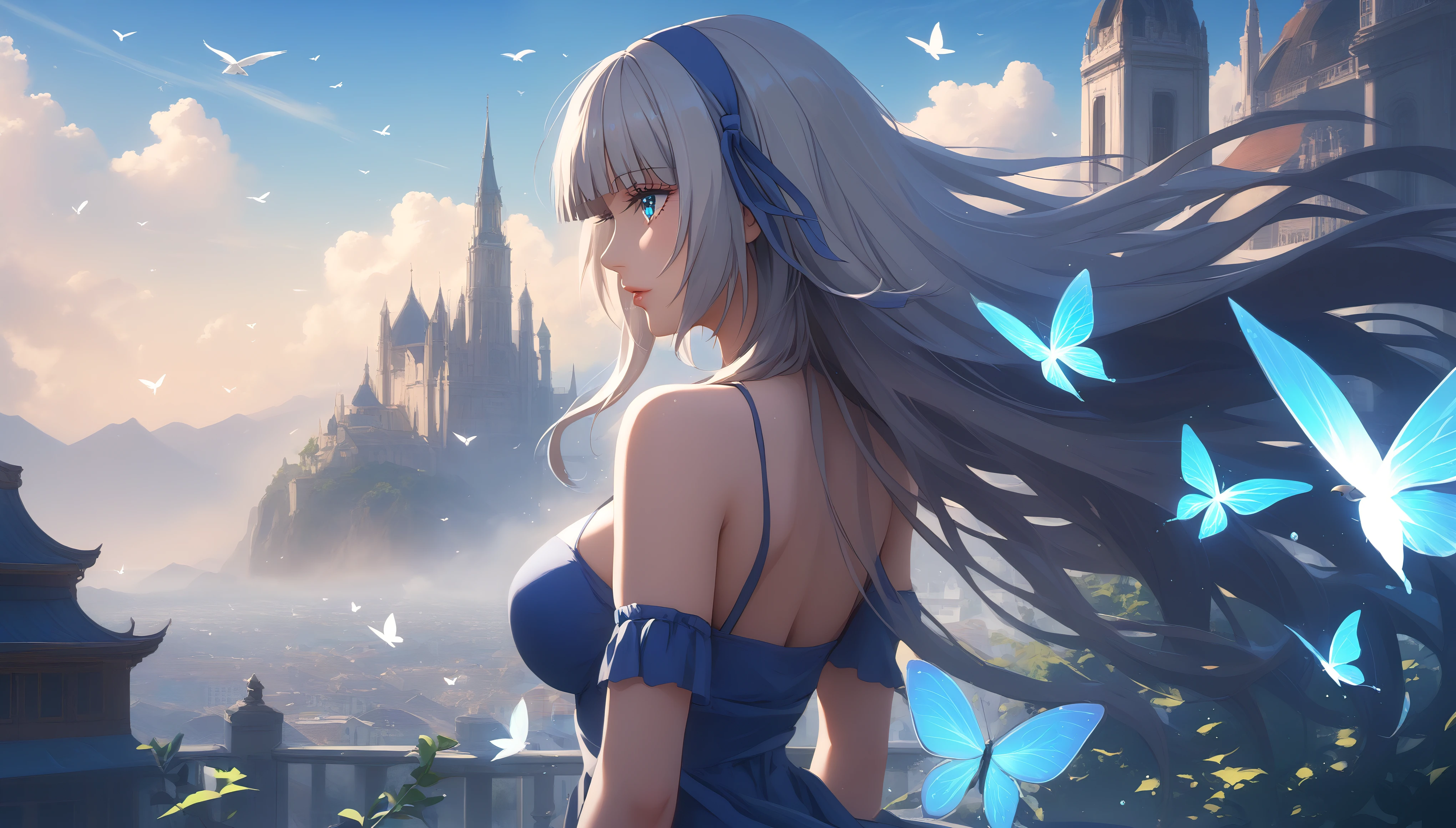 score_9, score_8_up, score_7_up, score_6_up, uncensored, mylene, long hair, silver hair, blue hairband, blue eyes, BREAK (masterpiece:1.2), best quality, high resolution, (illustration:0.8), (detailed eyes:1.3), perfect lighting, (perfect hands, perfect anatomy), large breasts, looking at viewer, letterboxed, butterfly, insect, bug, 1girl, blue_butterfly, cloud, sky, solo, back, bare_shoulders, breasts, building, dress, bird, cloudy_sky, outdoors, black_dress, lips, profile, blue_sky, from_behind, eyelashes, sleeveless, glow effects, godrays, Hand drawn, Vivid colors, extremely detailed CG unity 8k wallpaper, trending on CGSociety, Intricate, High Detail, dramatic,