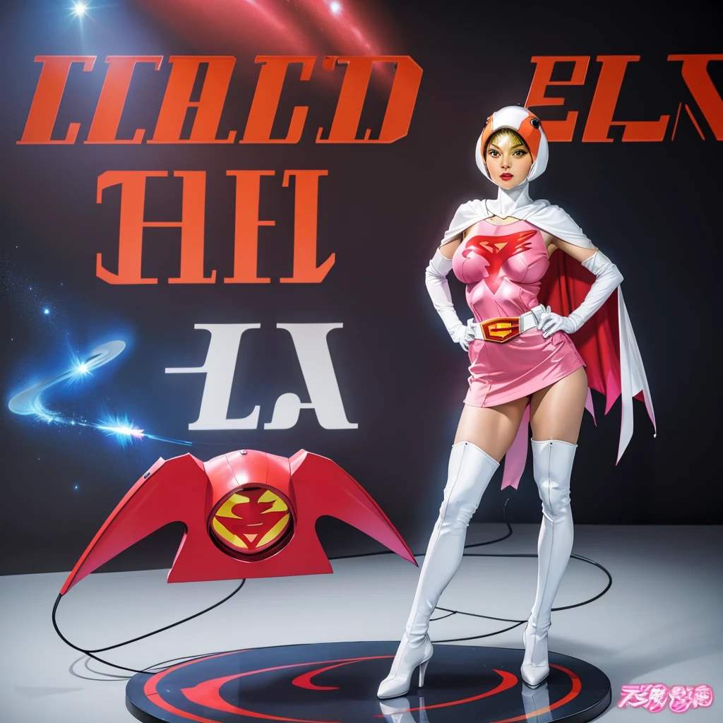 ANI_CLASSIC_jun_gatchaman_ownwaifu,1girl, ,good anatomy, masterpiece, best quality,realistic, hyper realistic, 16k hdr, long hair,breasts,lips,large breasts,lipstick,makeup,gloves,cape,helmet,belt,elbow gloves,white gloves,mask,ultra miniskirt,leotard,spacesuit,white tight overknee highheels boots,pink dress,superhero,bodysuit,cleavage,erected nipples,(stand pose,hands on hip),(spread legs:1.1),cameltoe