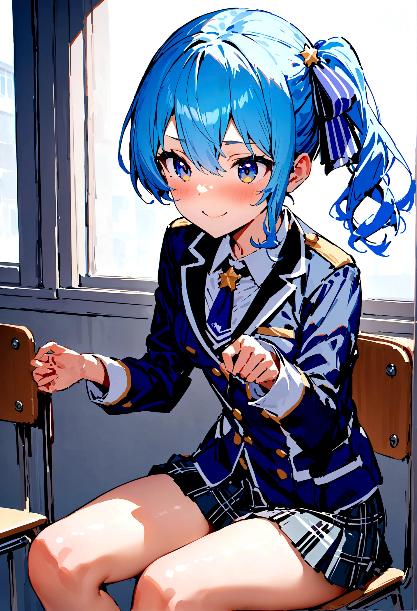 NSFW,masterpiece,Highest quality,High resolution,Super detailed,Star Town Suisei\(Hololive\),Blue Hair,One Side Ponytail,Blue Eyes,uniform,shirt,ribbon,mini skirt,Small breasts,School,classroom,smile,Sitting in a chair,Playing pranks,During class