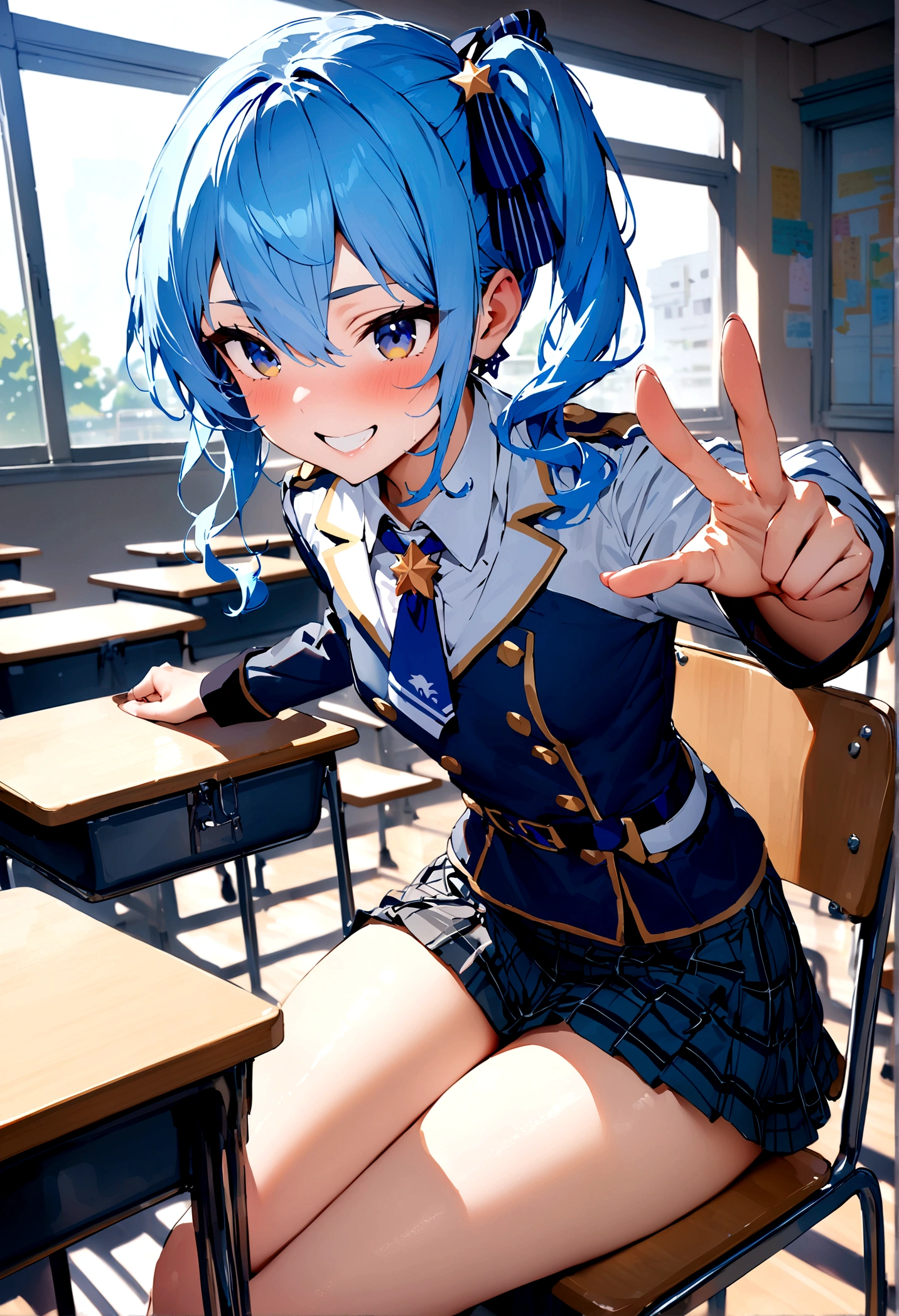 NSFW,masterpiece,Highest quality,High resolution,Super detailed,Star Town Suisei\(Hololive\),Blue Hair,One Side Ponytail,Blue Eyes,uniform,shirt,ribbon,mini skirt,Small breasts,School,classroom,smile,Sitting in a chair,Playing pranks,During class