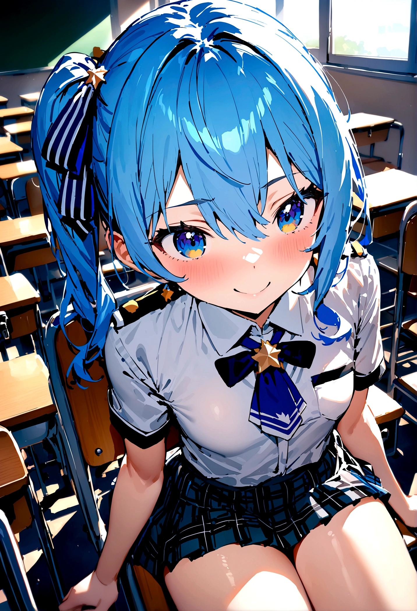 NSFW,masterpiece,Highest quality,High resolution,Super detailed,Star Town Suisei\(Hololive\),Blue Hair,One Side Ponytail,Blue Eyes,uniform,shirt,ribbon,mini skirt,Small breasts,School,classroom,smile,Sitting in a chair,Playing pranks,During class
