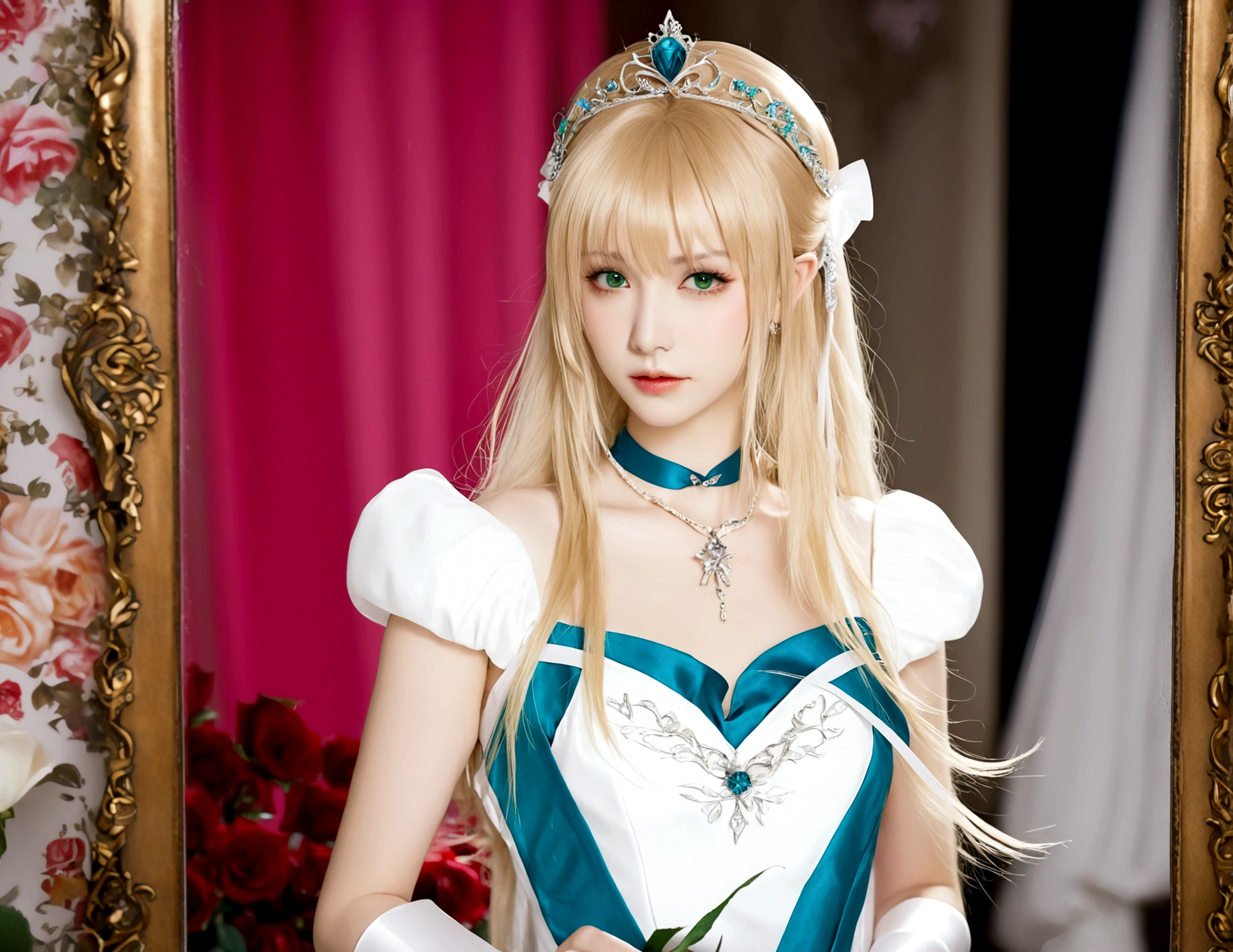 1girl, solo, looking at viewer, blonde hair, dress, ribbon, green eyes, hair ribbon, flower, choker, white dress, rose, tiara, mirror, realistic, artoria pendragon \(fate\), saber