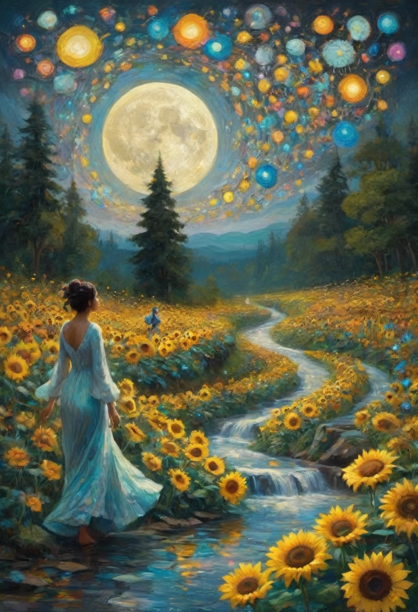 a symphony of flowers dances on the canvas, spinning a whirlwind of dreams and emotions. a single figure, their back turned, walks along a path paved with melting clocks and neon butterflies. The moons cascade like waterfalls, illuminating a forest with giant, blooming sunflowers that whisper secrets to the wind.