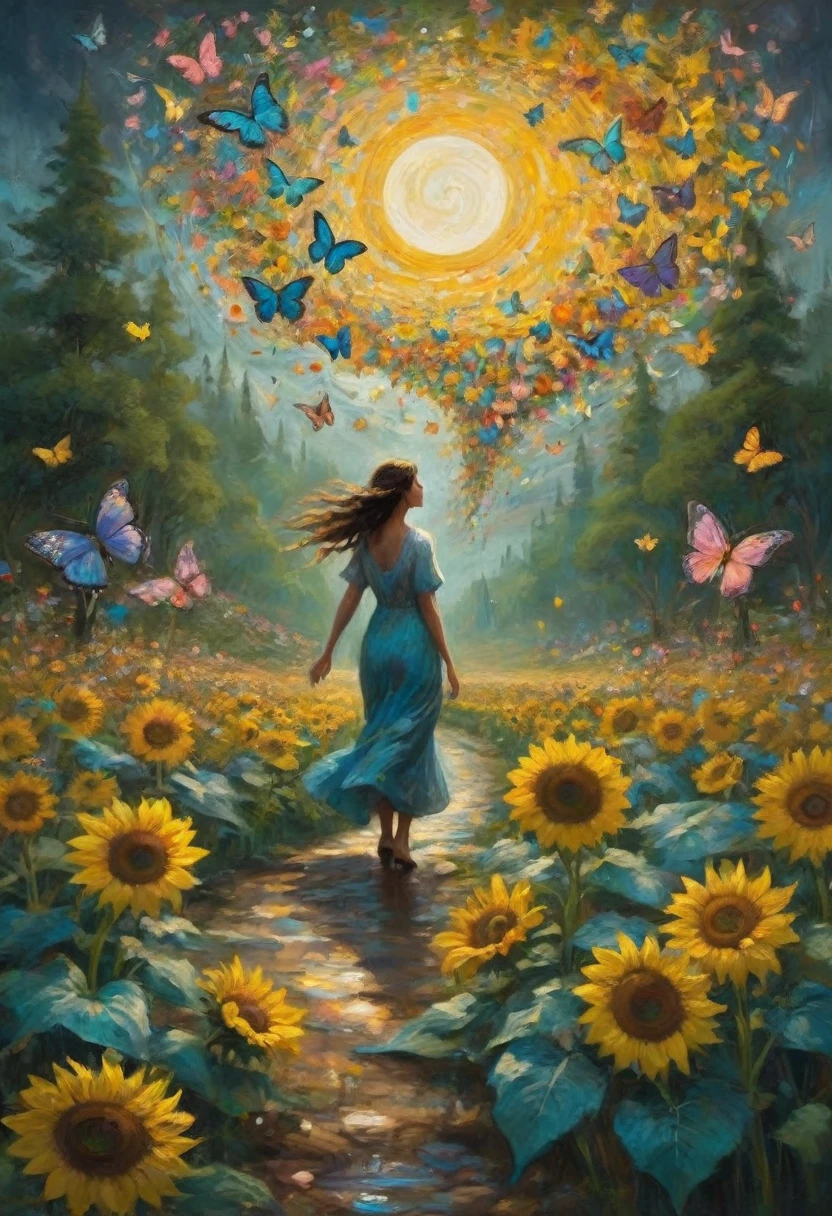 a symphony of flowers dances on the canvas, spinning a whirlwind of dreams and emotions. a single figure, their back turned, walks along a path paved with melting clocks and neon butterflies. The moons cascade like waterfalls, illuminating a forest with giant, blooming sunflowers that whisper secrets to the wind.