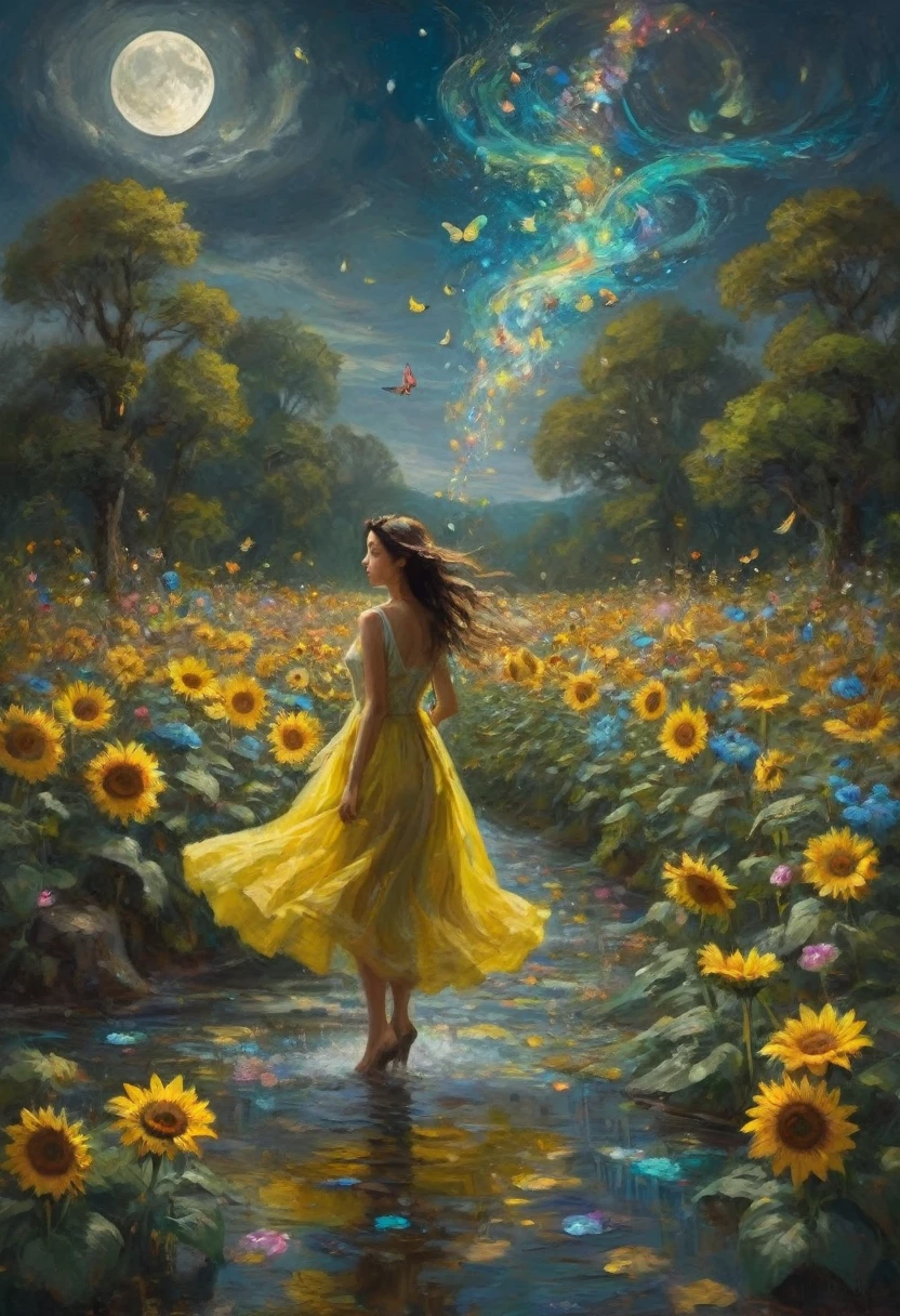 a symphony of flowers dances on the canvas, spinning a whirlwind of dreams and emotions. a single figure, their back turned, walks along a path paved with melting clocks and neon butterflies. The moons cascade like waterfalls, illuminating a forest with giant, blooming sunflowers that whisper secrets to the wind.