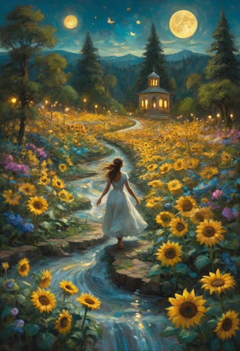 a symphony of flowers dances on the canvas, spinning a whirlwind of dreams and emotions. a single figure, their back turned, walks along a path paved with melting clocks and neon butterflies. The moons cascade like waterfalls, illuminating a forest with giant, blooming sunflowers that whisper secrets to the wind.