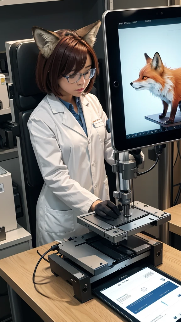 A scientist fox working with a tablet press machine.