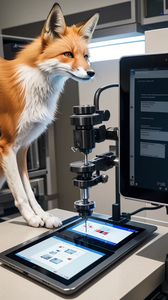 A scientist fox working with a tablet press machine.