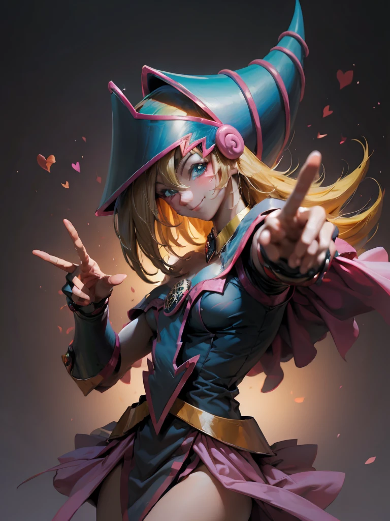 dark magician gils. Making the peace and love sign with his fingers, smile . Magic of hearts in the air. Sensual and seductive pose. Mystical magic background 