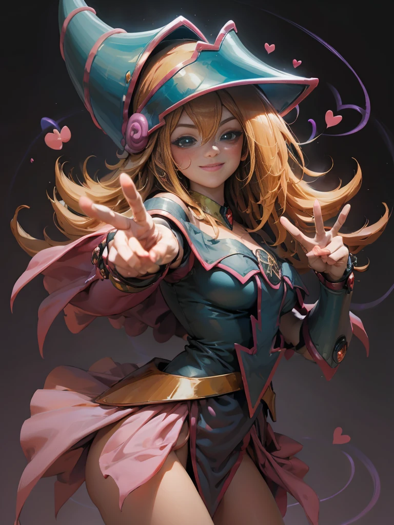 dark magician gils. Making the peace and love sign with his fingers, smile . Magic of hearts in the air. Sensual and seductive pose. Mystical magic background