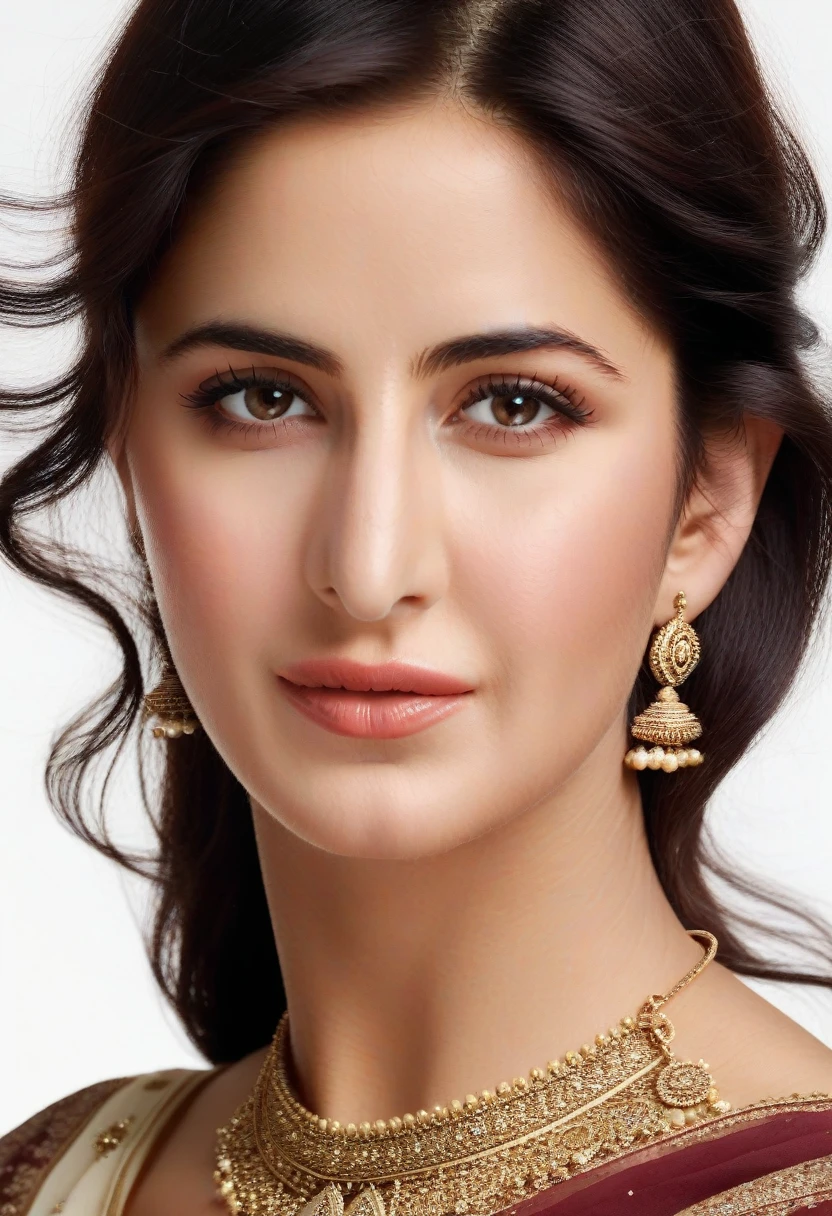 glamor headshot photo of a 25_year old katrina kaif woman, studio quality, in an indian dress, subsurface scattering, canon 5D, realistic skin texture, skindentation, flat white background,
 