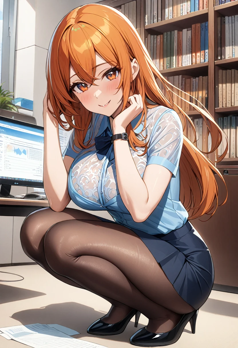 1 woman, solo, tall woman, long orange hair, straight hair ,orange eyes, (Full Breasts), High Height,masterpiece, high resolution, shiny, full body, beautiful,A cute smile that makes the viewer happy,highly detailed beautiful face and eyes,looking at viewer,, office, bookshelf,office lady,milf,( blue lace sheer shirts:1.3),(short sleeves:1.1),white panties, sheer leggings, shirt, (break skirt), squatting,