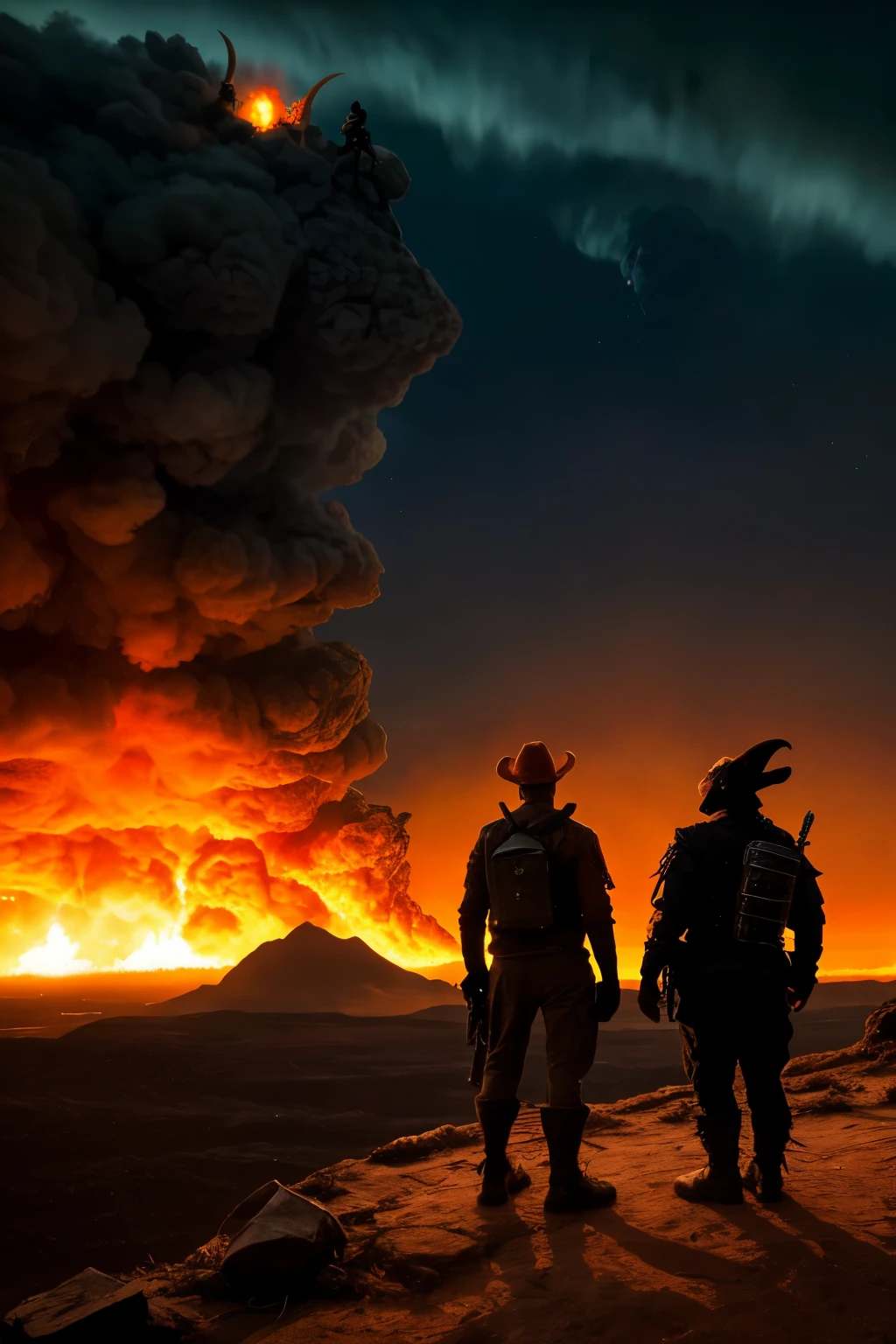 A goblin and a human-looking bomb salesman, looking at the landscape of a world full of fire, enough, destruction, demons flying in the distance, the sky completely darkened