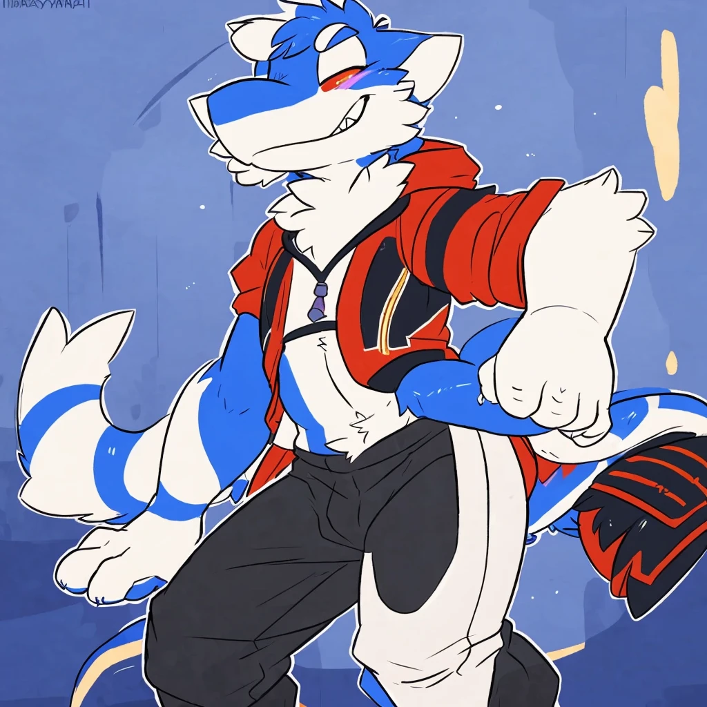 by Dimwitdog ,@k_M_art__, by dasagi, by hioshiru, by Kilinah, by itihi3 イチヒ(Ichihi), by donkeyramen, by zackary911, by wfa, 2boy tiger shark, solo, red and white jacket, blue and black pants, simple background, ultra-highest quality, ultra-high resolution, best quality, focus