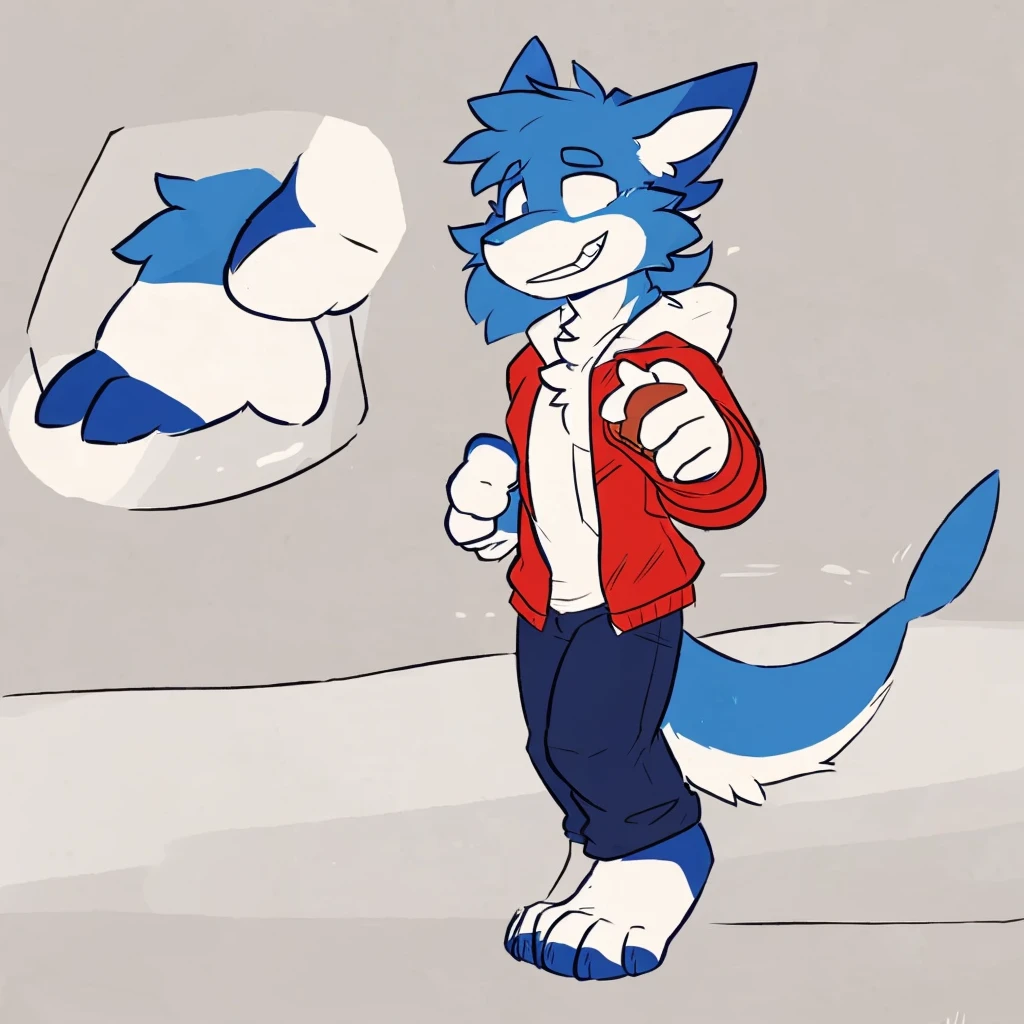 anthro, solo, mammal, clothing, male, detailed background, smile, eyewear, fur, clothed, topwear, glasses, canid, canine, grey body, grey fur, toony, blue body, bottomwear, biped, black nose, black shorts, thick thighs, feet, wolf, 4 fingers, fingers, gesture, canis, shirt, teeth, barefoot, toes, facial tuft, tuft, cheek tuft, jacket, tiny toons style,