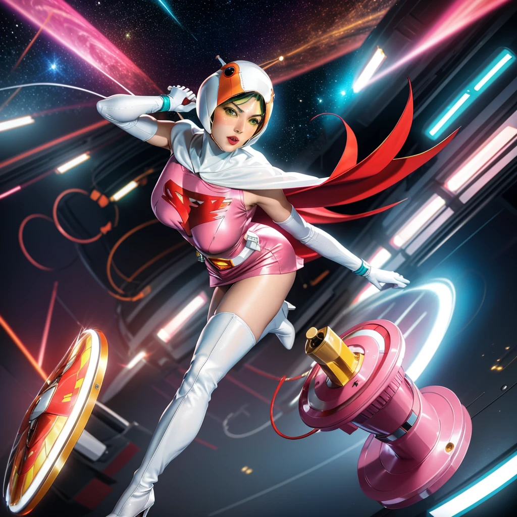 ANI_CLASSIC_jun_gatchaman_ownwaifu,1girl, ,good anatomy, masterpiece, best quality,realistic, hyperrealistic, 16k hdr, long hair,breasts,green eyes,lips,large breasts,lipstick,makeup,gloves,cape,helmet,belt,elbow gloves,white gloves,mask,ultra miniskirt,leotard,spacesuit,white tight overknee highheels boots,pink dress,superhero,bodysuit,cleavage,erected nipples,(sexy pose,front view),(spread legs:1.1),cameltoe