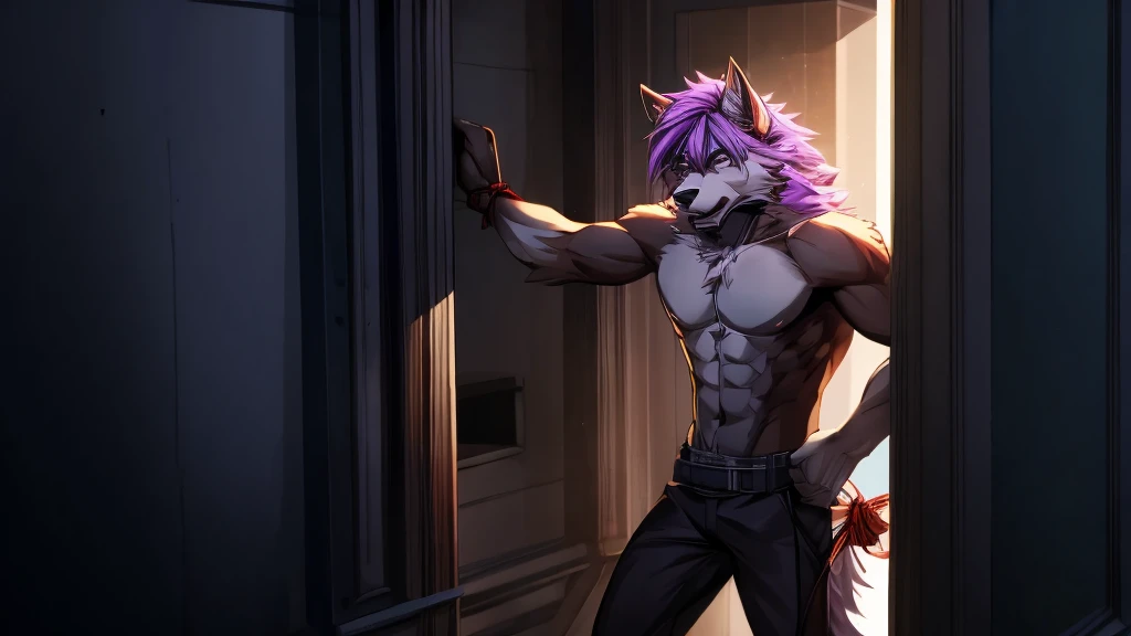 The werewolf with light purple hair is tied up with his upper body exposed,Standing,Panic,Exquisite,Athletic,Anthropomorphic,High degree of animalization,Furry Station,Stand by the wall,Tied